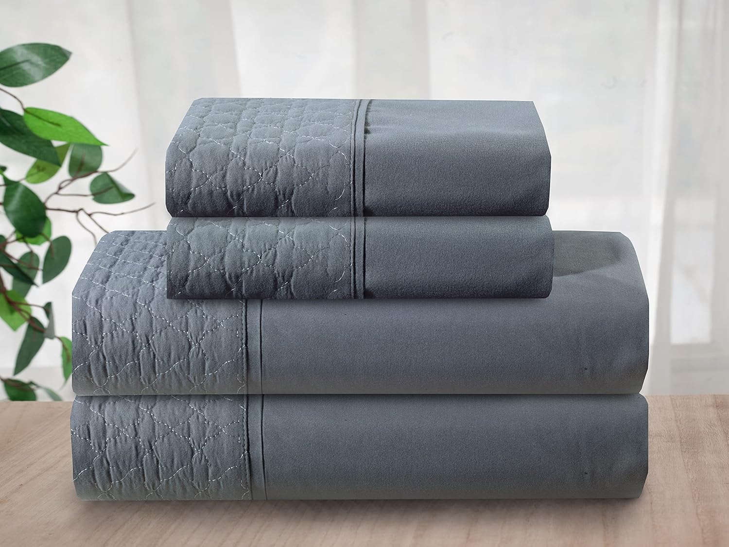 Elegant Comfort Luxury Soft Coziest 4-Piece Bed Sheet Set 1500 Thread Count Egyptian Quality Microfiber Wrinkle Resistant Beautiful Quilted Design on Flat Sheet and Pillowcases, King, Gray