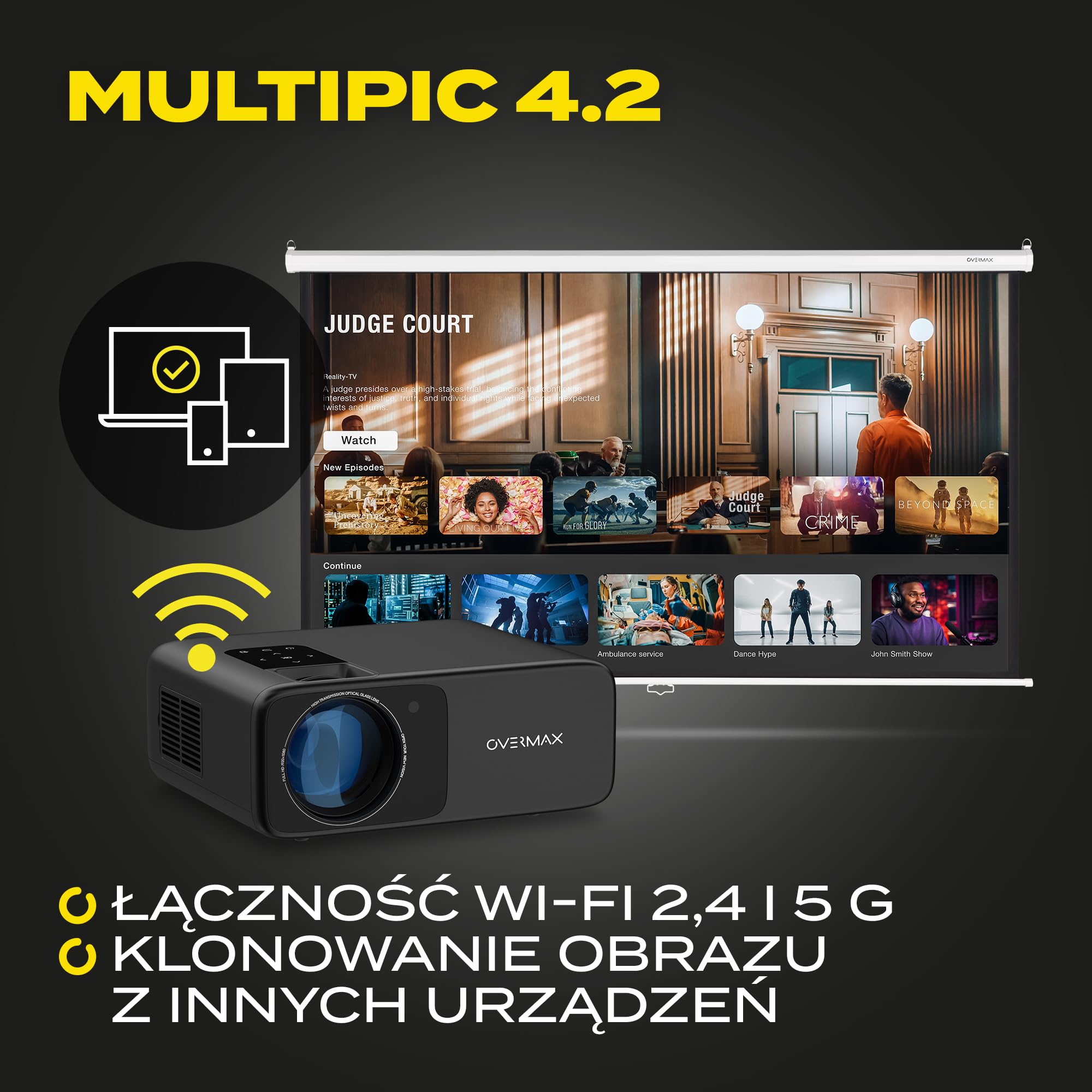 Overmax Multipic 4.2 Full HD 1080p projektor LED 200", 4500 lumenów, system 4-soczewkowy, WiFi 2.4 5G BT HDMI, USB głośnik 360°, rotacja obrazu, przeżyj EURO 2024 i wieczory kina domowego w