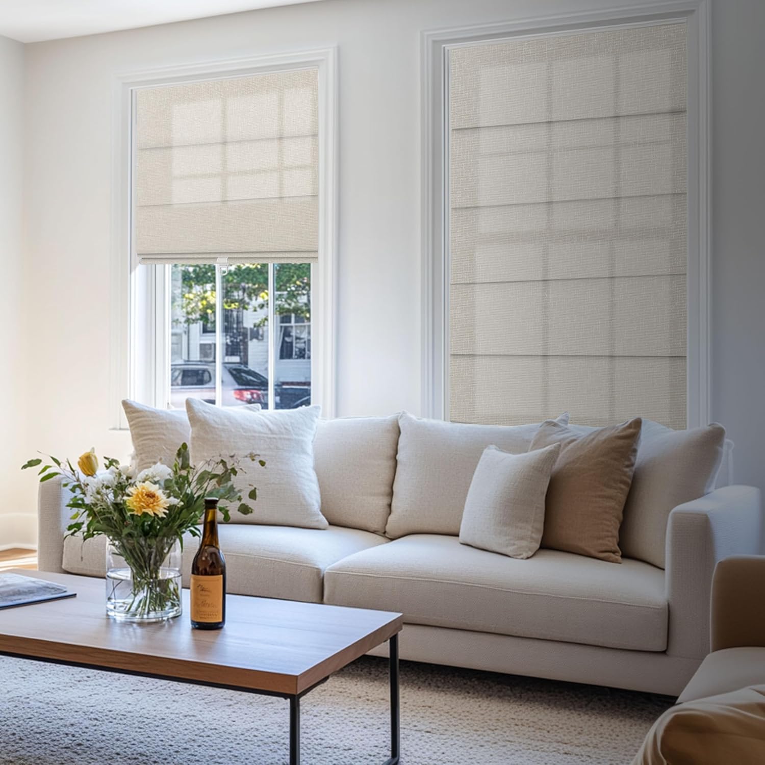 Cordless Roman Shades for Windows - Custom Size Beige, Light Filtering Roman Shades Fabrics, Roman Blind for UV Protection Thermal Insulation for Bedroom, Living Room, Office 60% Blackout-beige Custom Size Similar not exact 