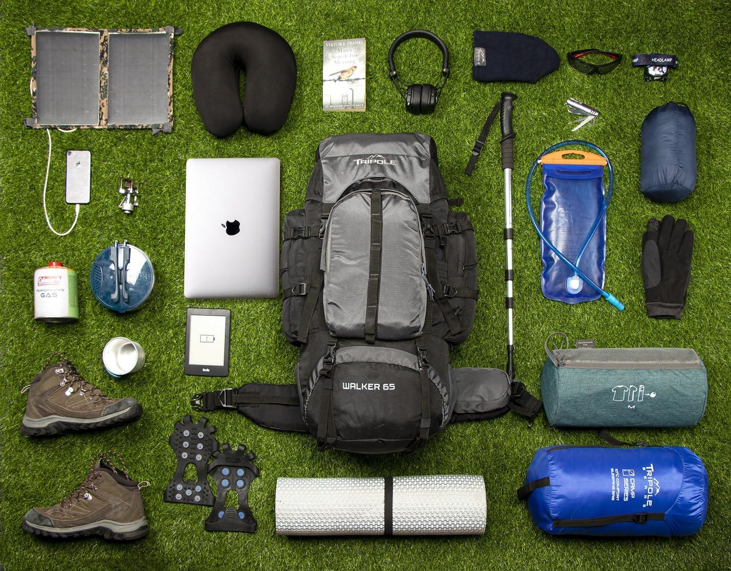 Tripole Walker Mochila 65 Litros de Viaje y Senderismo para Hombre y Mujer – Mochila Impermeable con Marco Interno y Compartimento Portátil 17", Funda de Lluvia, Negro