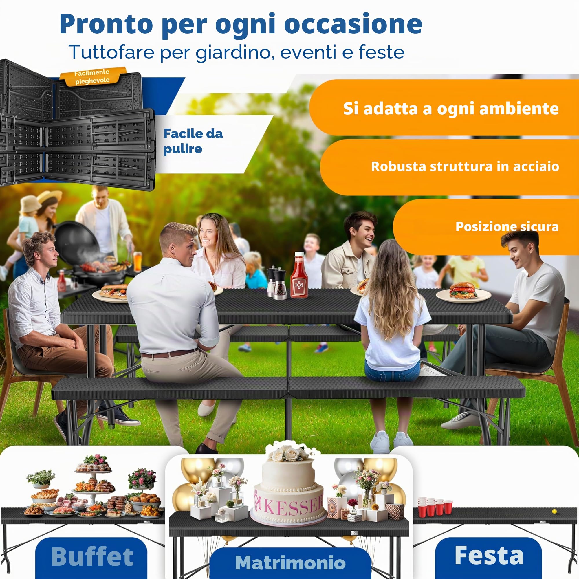 KESSER® Set tenda da birra - Set da 3 pezzi, Tavolo + 2 x Panca, per Interni - Esterni, AxLxP - 73x180x75 cm, Plastica, Set da Giardino in simil Rattan, Pieghevole, Nero