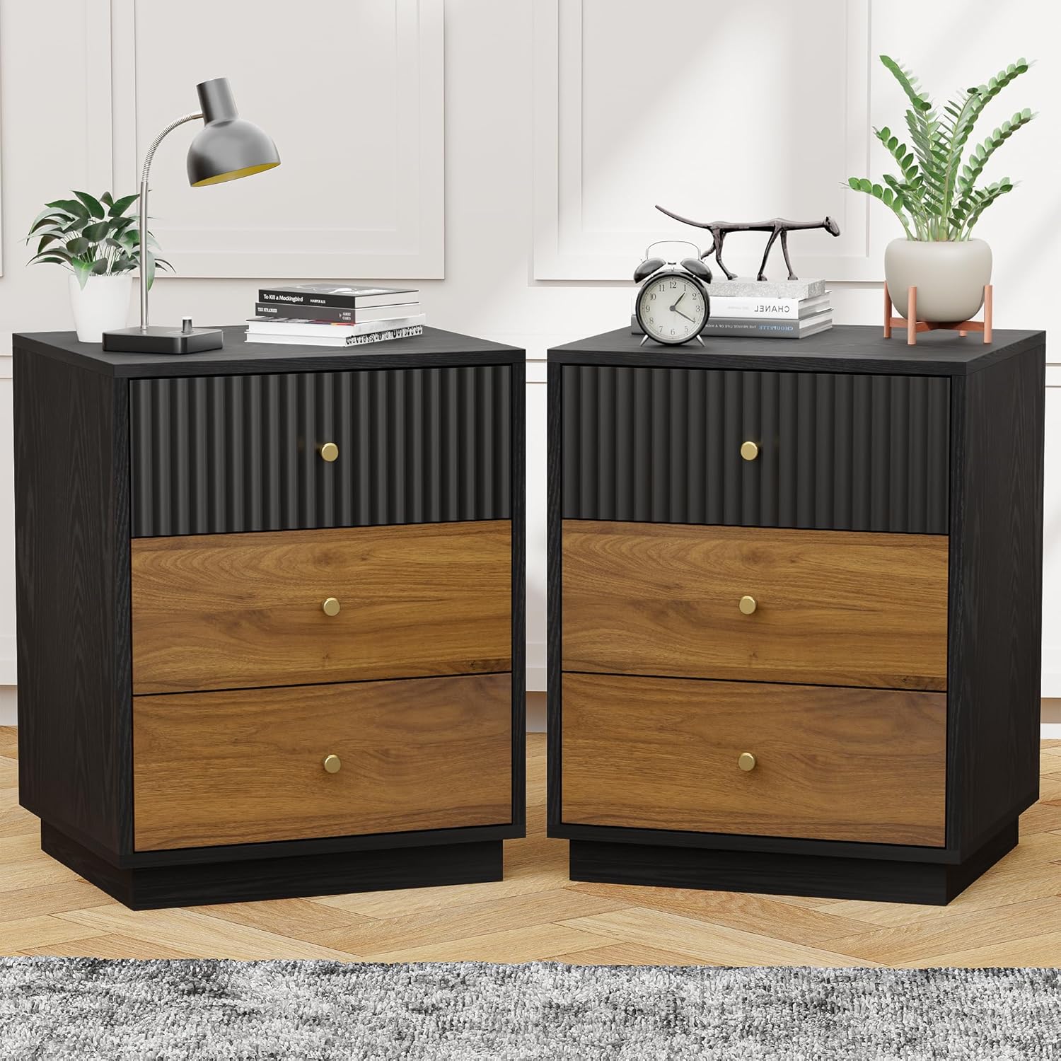 23.6" Set of 2 Tall Night Stand with 3 Storage Drawers, Fluted Nightstand with Metal Handles, Modern End Table Bedside Table Chest for Bedroom, Black and Walnut