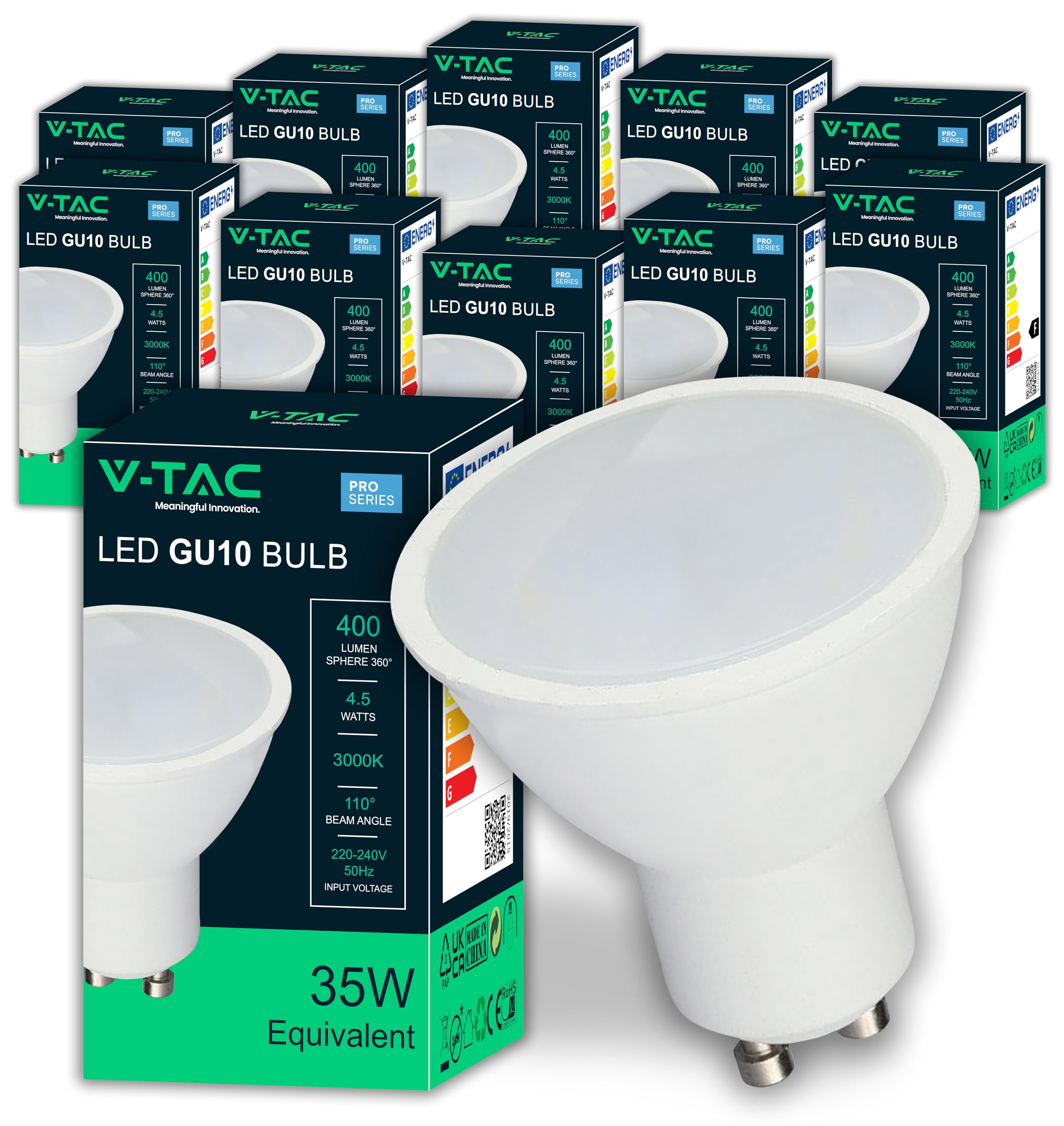 V-TAC 10 x GU10-4.5W 400 LED Bulbs (35W Equivalent) - 400 Lumen - GU10 LED Spot Light for Maximum Efficiency and Energy Saving - Warm White 3000K