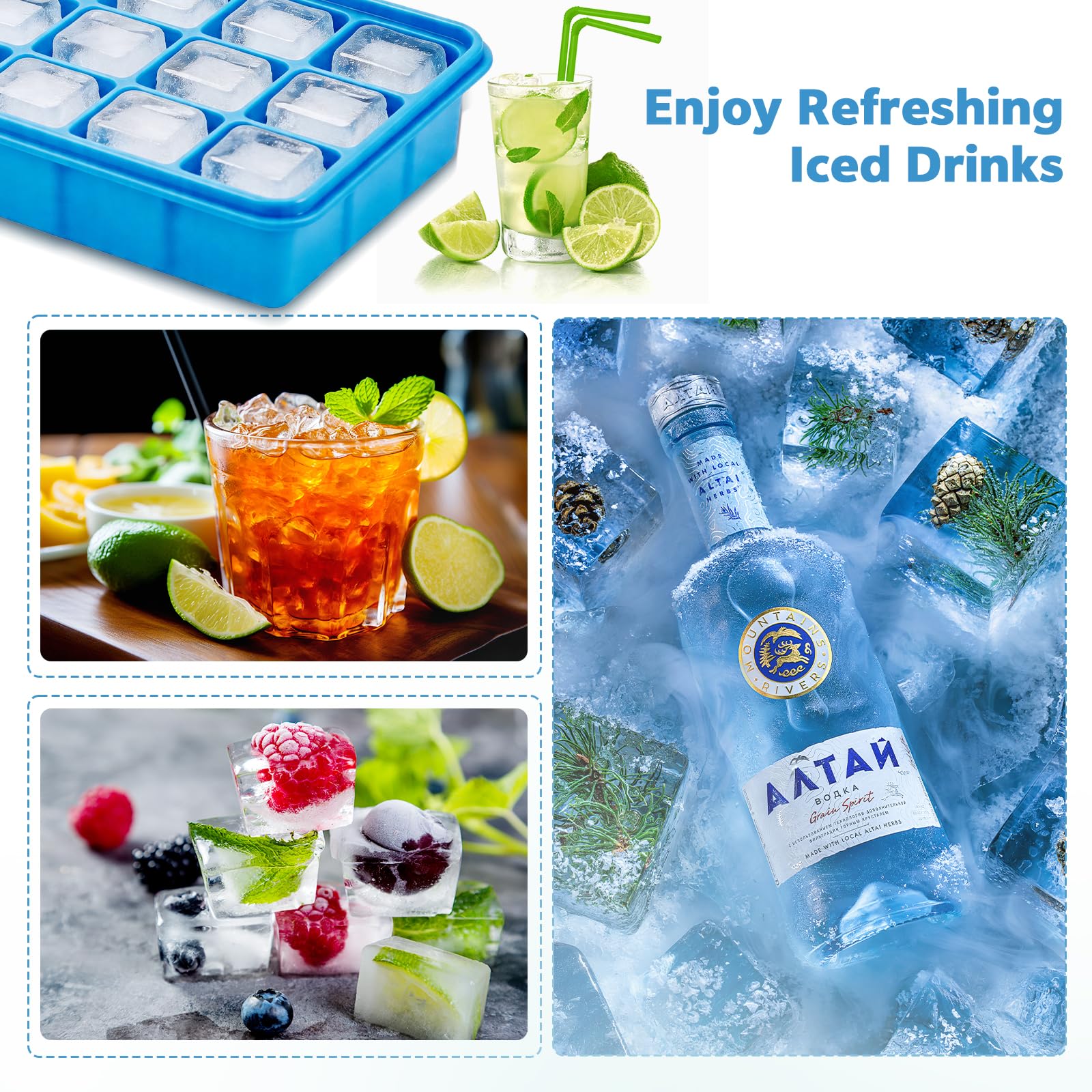 3 Pezzi Stampi per Ghiaccio in Silicone, 15 Cubetti Ghiaccio con Coperchio, Senza BPA e Impilabile, per Whisky, Cocktail, Cioccolato, Puree di Frutta, Facili da Rimuovere