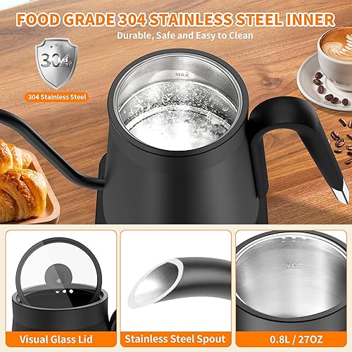 Miniatura 6 de Hervidor eléctrico de cuello de cisne, control de temperatura de ± 1 ℉ con un solo clic y 197 ℉ para café y té, caldera de agua caliente,