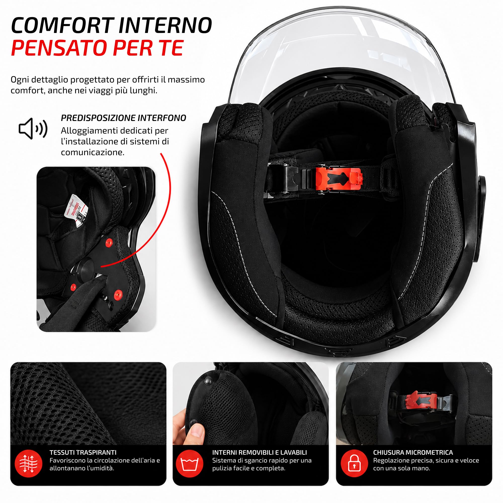 Casco Jet Moto Omologato ECE 22.06 con Visiera Trasparente – Casco Scooter con Presa d’Aria Superiore, Interno Confortevole e Chiusura Sicura – Ideale per Moto e Scooter