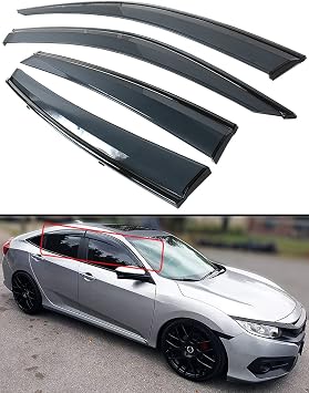 Black Trim Clip on Smoke Tinted Window Visor Rain Guard Deflector Compatible with 2016-2021 Honda Civic 4 Door Sedan