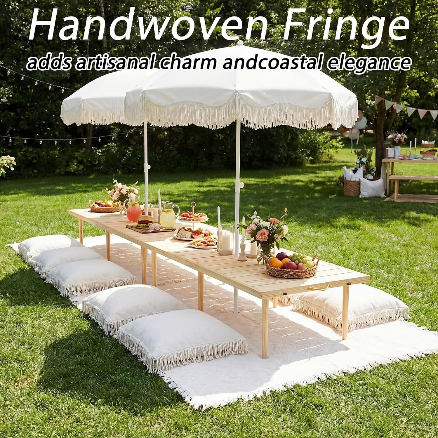 Boho Fringe Beach Umbrella with Extra Large Picnic Blanket Set, 6.5Ft UPF50+ Tassel Ruffles Umbrella 71"x 91" Picnic Blanket for Beach Wedding Bridal Shower Birthday Party Patio Lawn