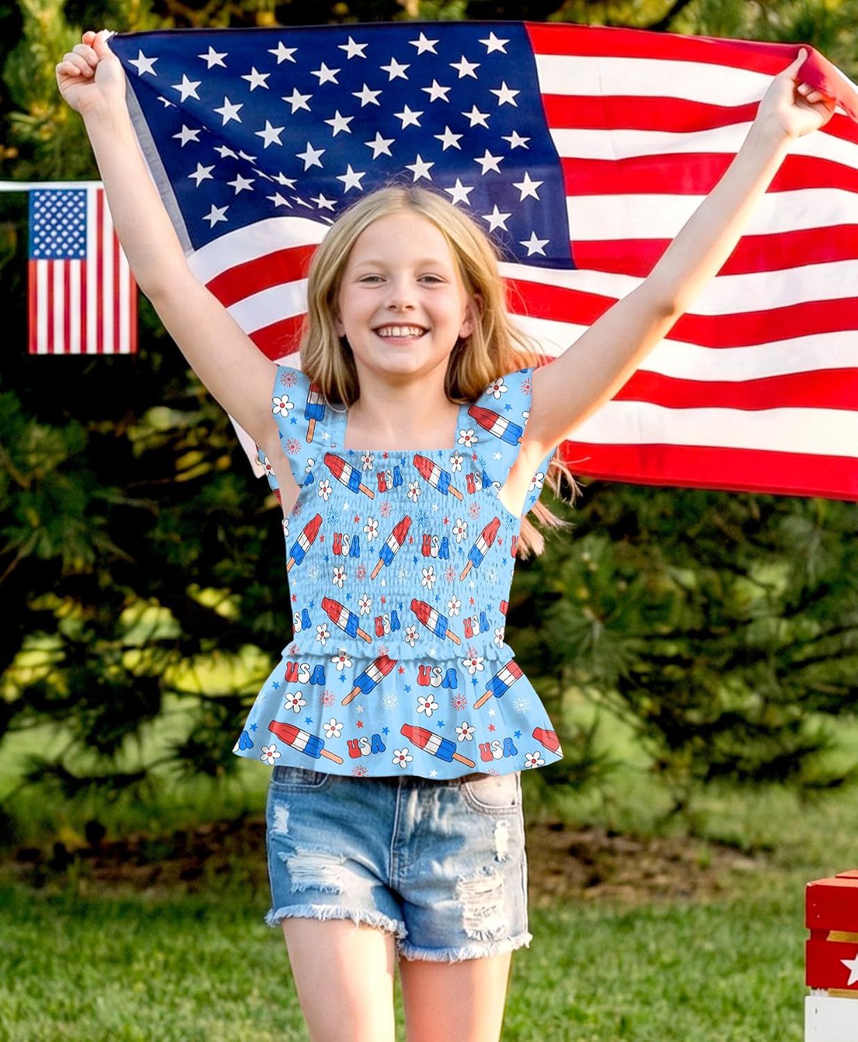 BesserBay Girls Summer Ruffle Cap Sleeve Square Neck Tank Top Peplum Hem Smocked Cute Babydoll Blouse 5-14 Years