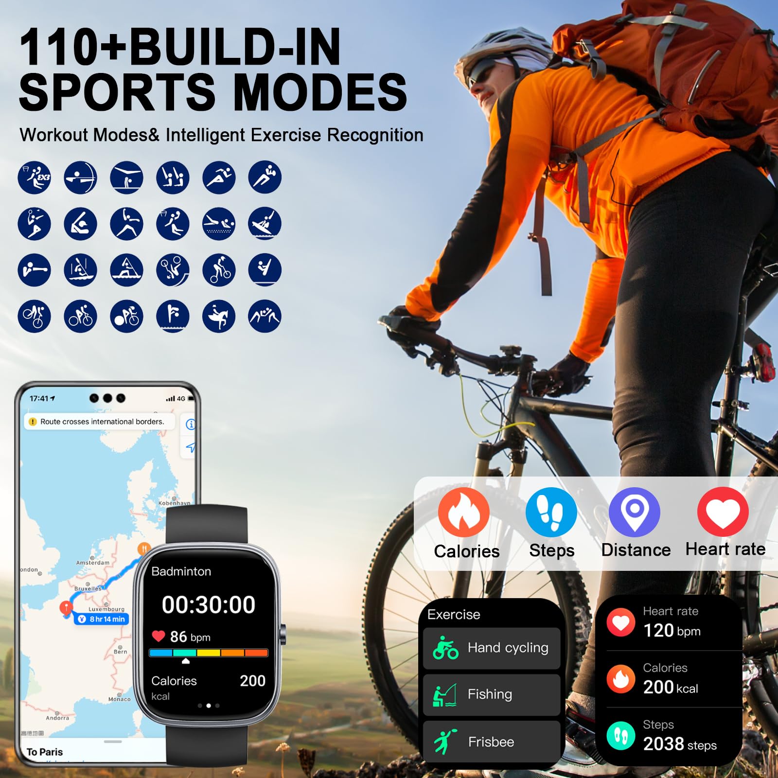 Smartwatch Herren, 1.91"HD Smart Watch Damen Schlafmonitor Schrittzähler Herzfrequenz Fitness Tracker, Fitnessuhr Bluetooth Anrufe, 110+Sportmodi Sport Uhr, IP68 Wasserdicht Watch iOS Android Schwarz