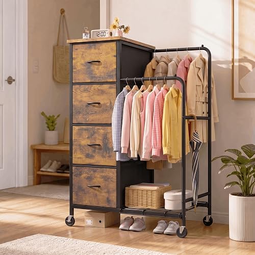 Romorgniz Tall Dresser with Hanging Rack & Extra Deep Storage,47.28"H,Brown | Maximized vertical storage, mobile closet design, versatile clothing organizer for apartments, dorms and compact spaces