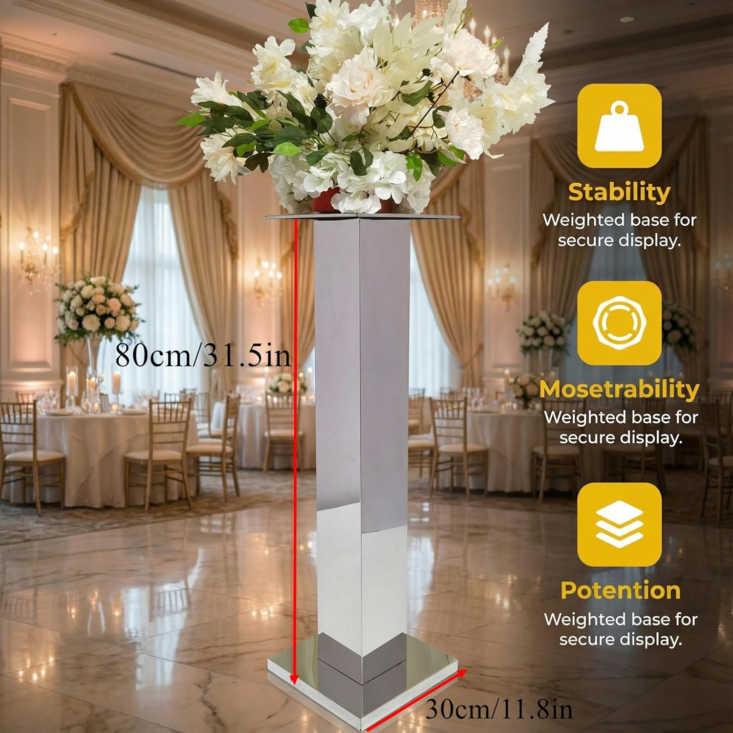 2PCS Tall Silver Vases for Centerpieces,31.5inch Stainless Steel Column Geometric Centerpieces Wedding Flower Stand Flower Floor Vase for Tables Wedding Anniversary