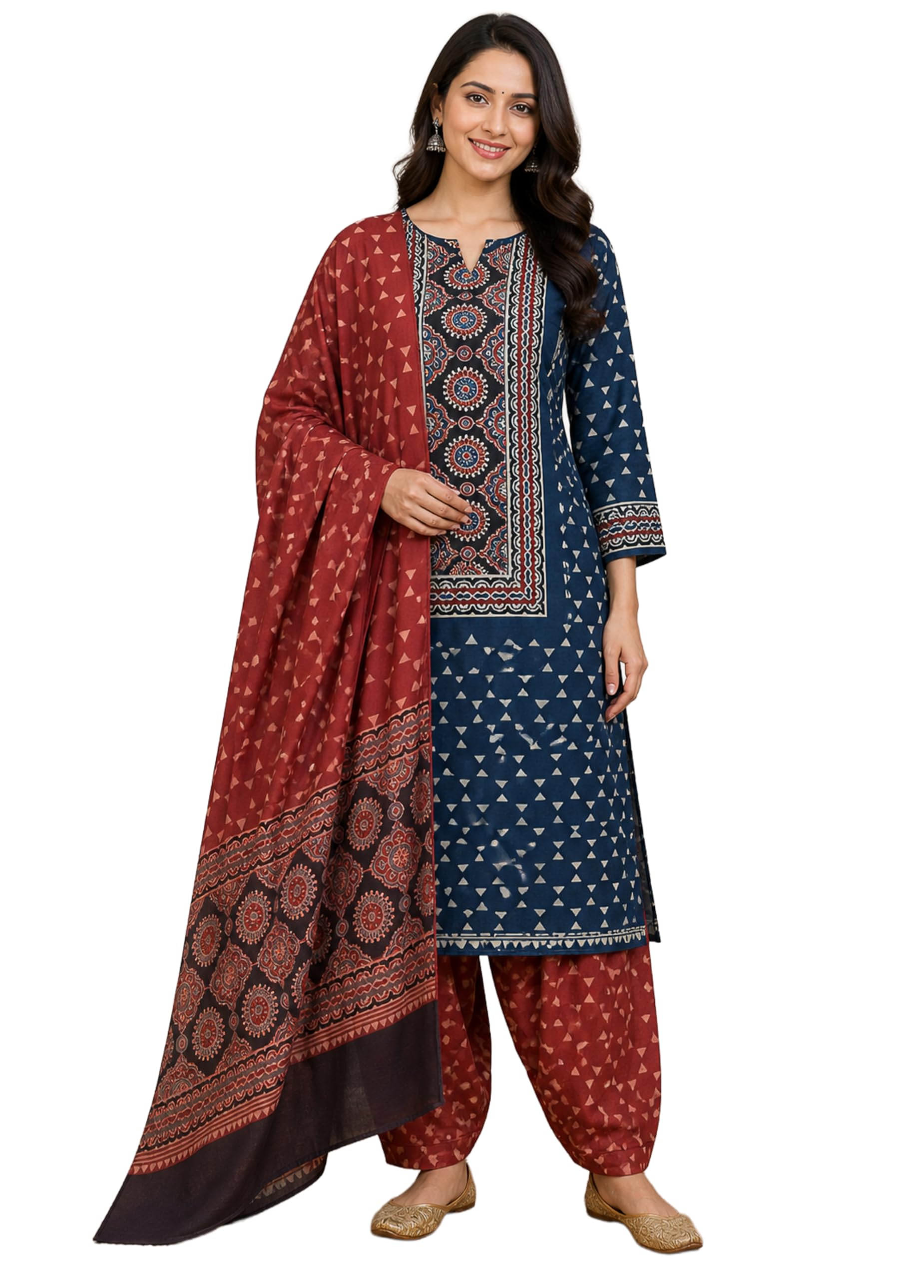 ethnics of kutch Womens Ajrakh Cotton Natural Dye Three Colour Print | 3 Kam | Hand Block Print Dress Material with 44 Inch wide Dupatta - 2.5 Mt Top-picture-14