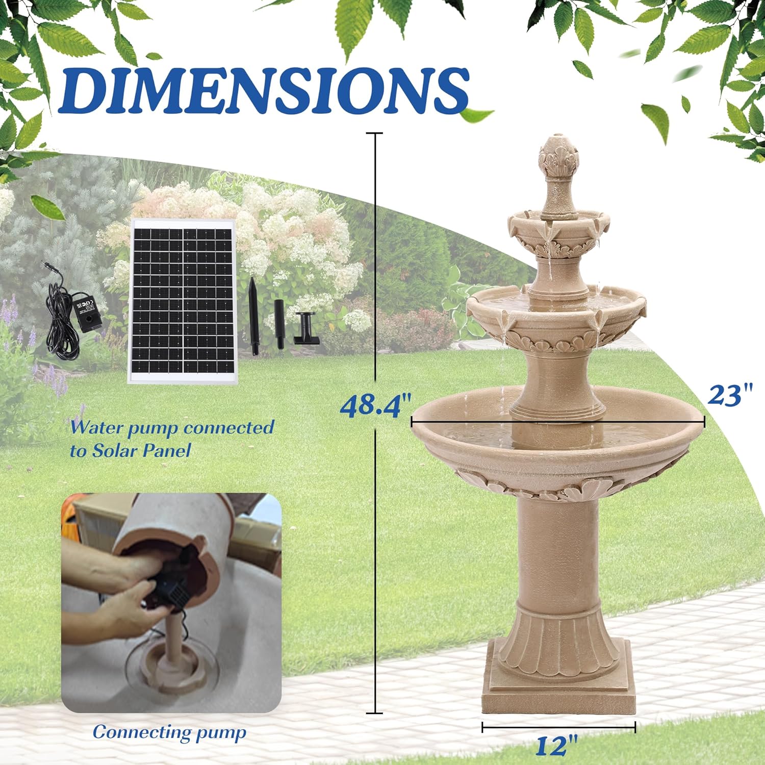 Italian Solar Water Fountains Outdoor Garden Decor - 48.4''H Fountains and Waterfalls Outside, Large Cascading Indoor Floor-Standing Resin Bubbler Fountain Features W/Pump for Patio, Backyard