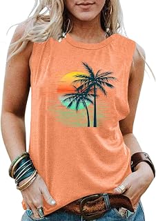PECHAR Hawaiian Shirts for Women Palm Trees Beach Tank Tops Sunset Graphic Tees Summer Vacation Sleeveless Outfits
