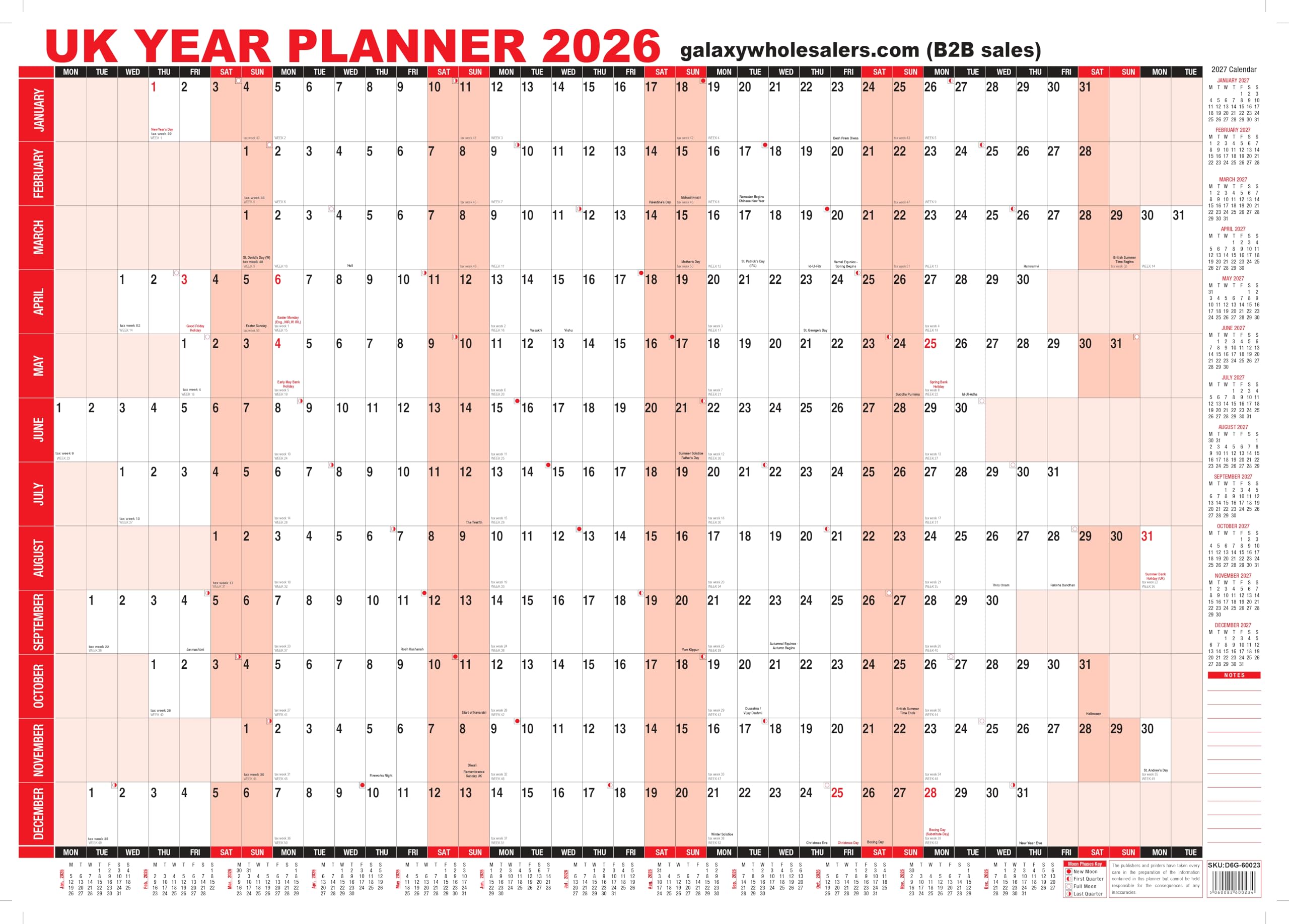 – 2026 UK unmounted year view wall office A1 large planner calendar red colour