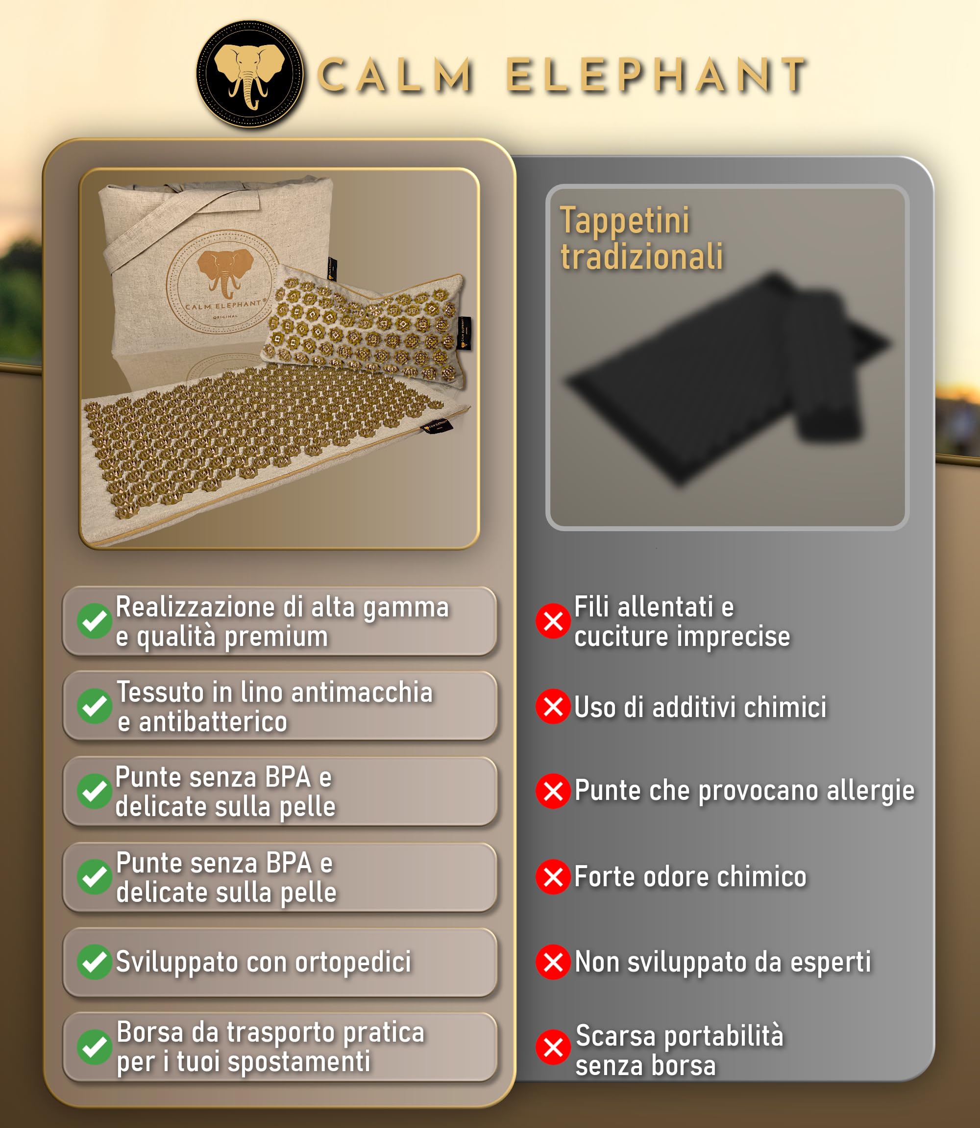 CALM ELEPHANT Tappetino Agopressione e Cuscino Ergonomico, Set XL, 3pz | Campo Fiori, Allevia Dolore Schiena Collo Spalle, Riflessologia, Anti-Stress, Meditazione, Riscaldante Borsa, Beige