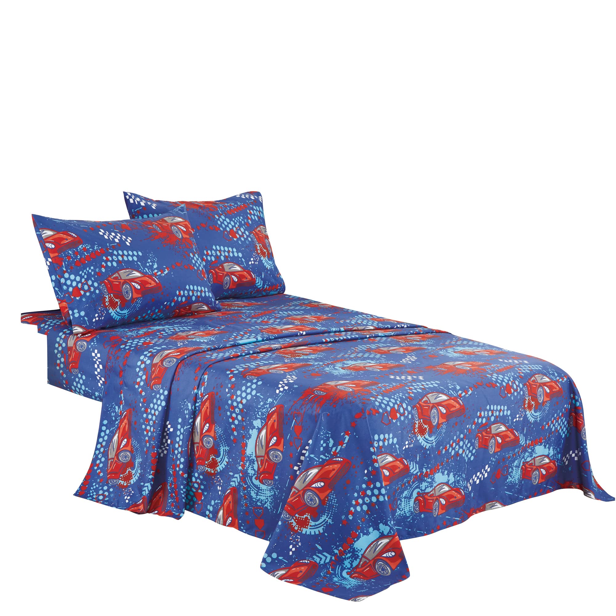 WPM WORLD PRODUCTS MART Red Race Car Print Kids Collection Bedding 3 Piece Racetrack Theme Twin Size Sheet Set with Flat Fitted Sheets Pillow Sham Race Car Design for Bedroom