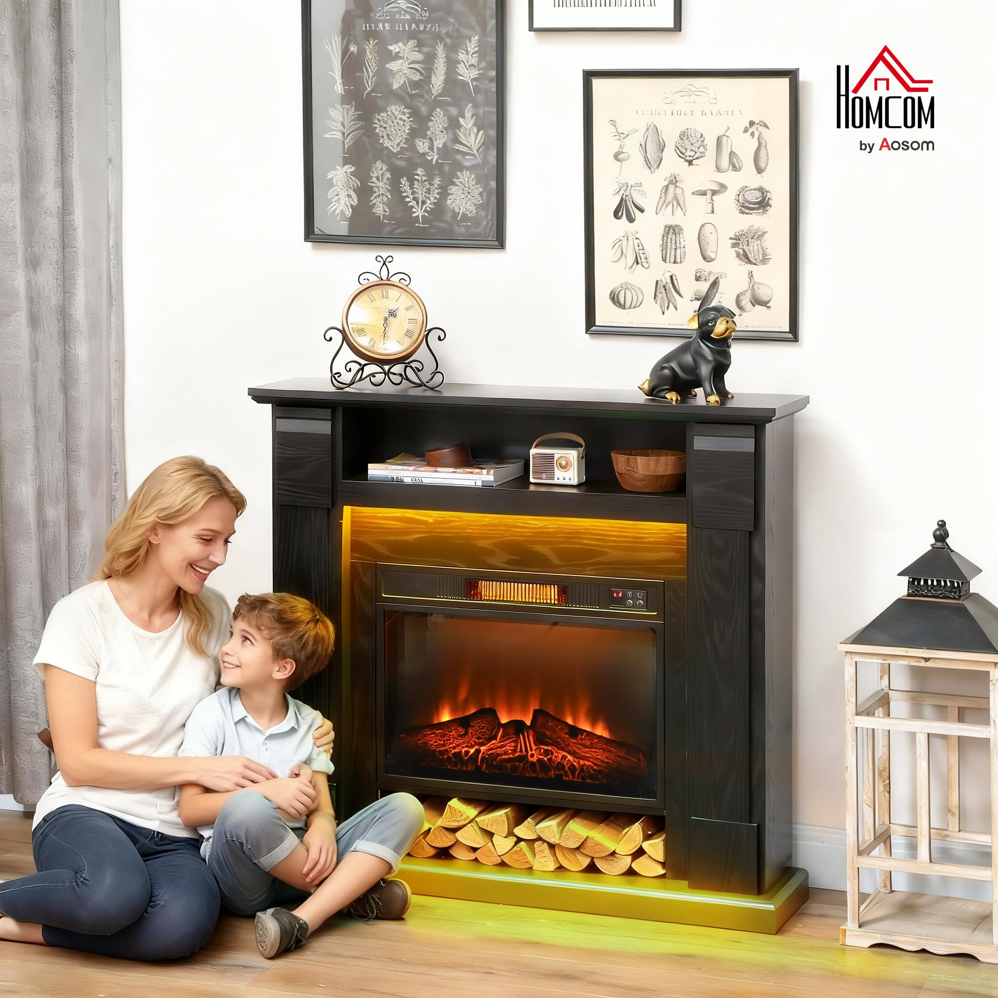 HOMCOM Camino Elettrico con Cornice Effetto Fiamma 3D Realistico 3 Luminosità, 1800W Caminetto Elettrico da Incasso/Terra, Luce LED, Riscaldamento Regolabile, 2 Telecomandi, Termostato, Timer, Nero