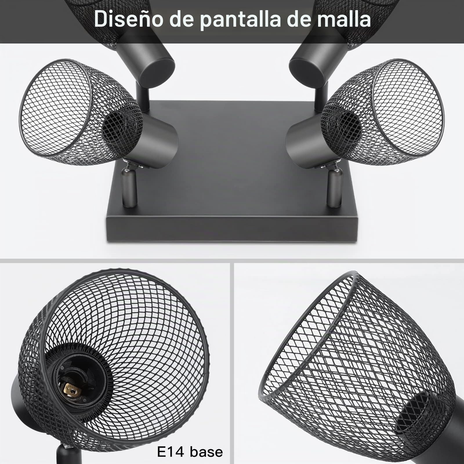 Focos Para el Techo E14, Lámpara de Techo de 3 Focos Giratorios Negro, Foco de Pared Cuadrado Iluminación LED con Pantallas de Malla Metálica para Dormitorio Cocina Pasillo (Sin bombillas E14)