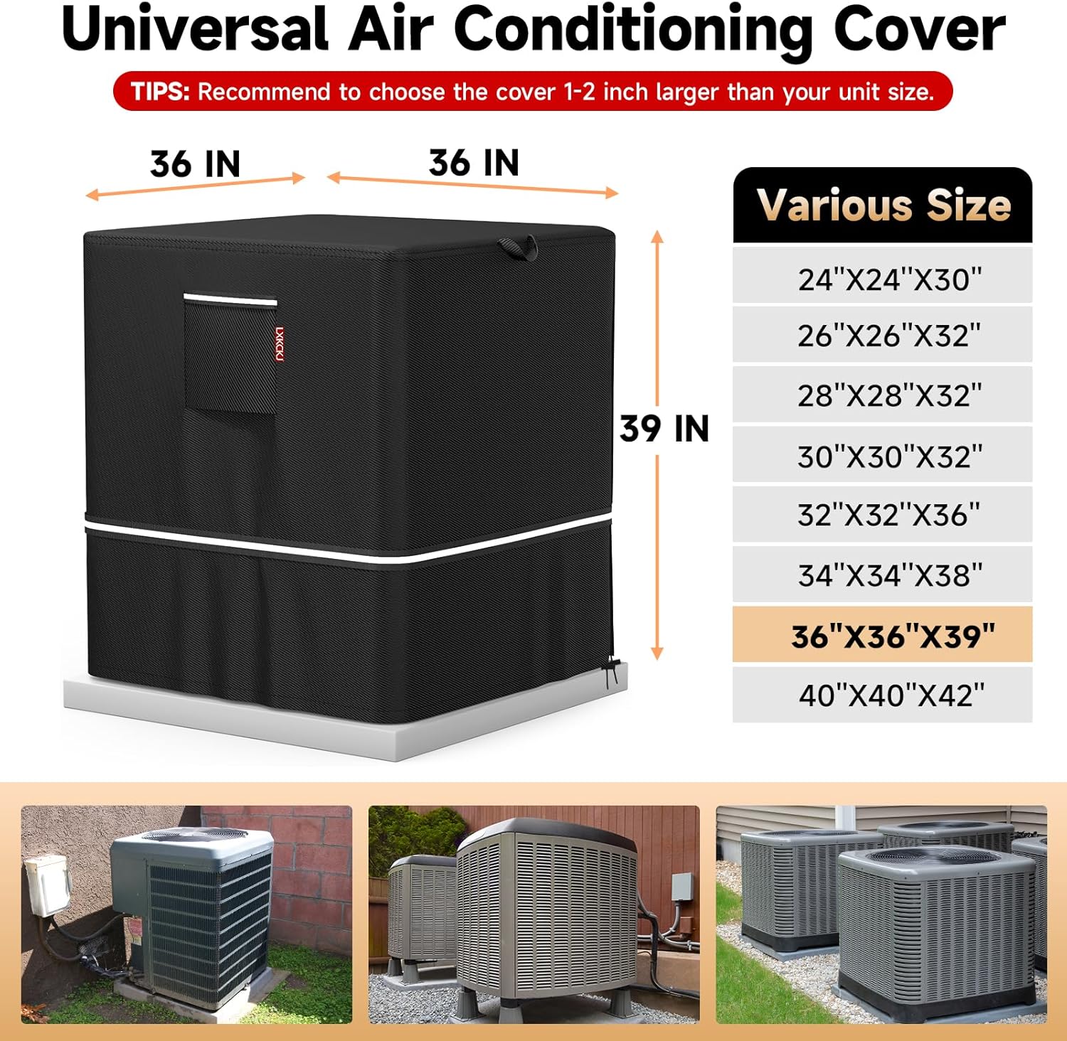 LXKCKJ Air Conditioner Cover for Outside Units - 420D Waterproof Air Conditioner Protection Covers for Window Unit - Winter AC Covers Fits AC Condensing HVAC Unit (Black 36''LX36''WX39''H)