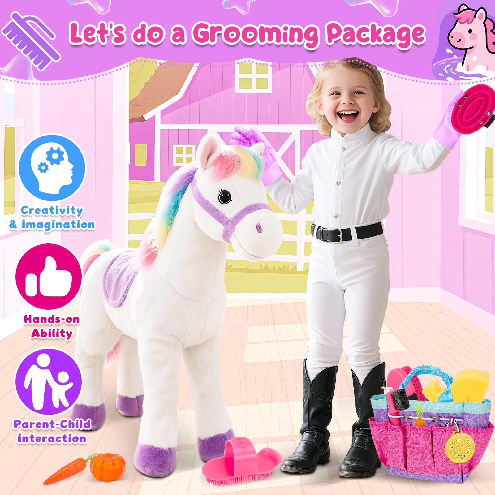 deAO Set de Cuidado de Caballos con Bolsa, Utensilios de Limpieza para Caballos para Niños con Cepillo, Guantes, Cepillo de Masaje, Peine para Crines, Rascador de Cascos, Esponja para Caballos (Rosa)