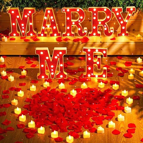 Hortsun Letras iluminadas con texto en inglés Marry ME con texto en inglés Will You Marry Me I Love U, 24 velas LED de amor, luz nocturna romántica