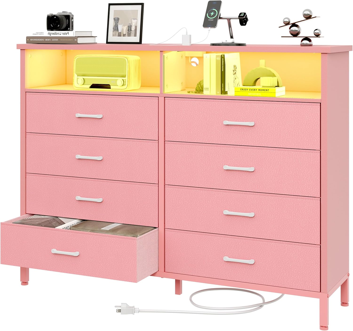 Dresser for Bedroom Pink Bedroom Dresser with LED Lights and Charging Station, 8 Long Fabric Drawers Dressers, Vertical Chest of Drawers Storage Organizer TV Stand for up to 60" TV for Living Room