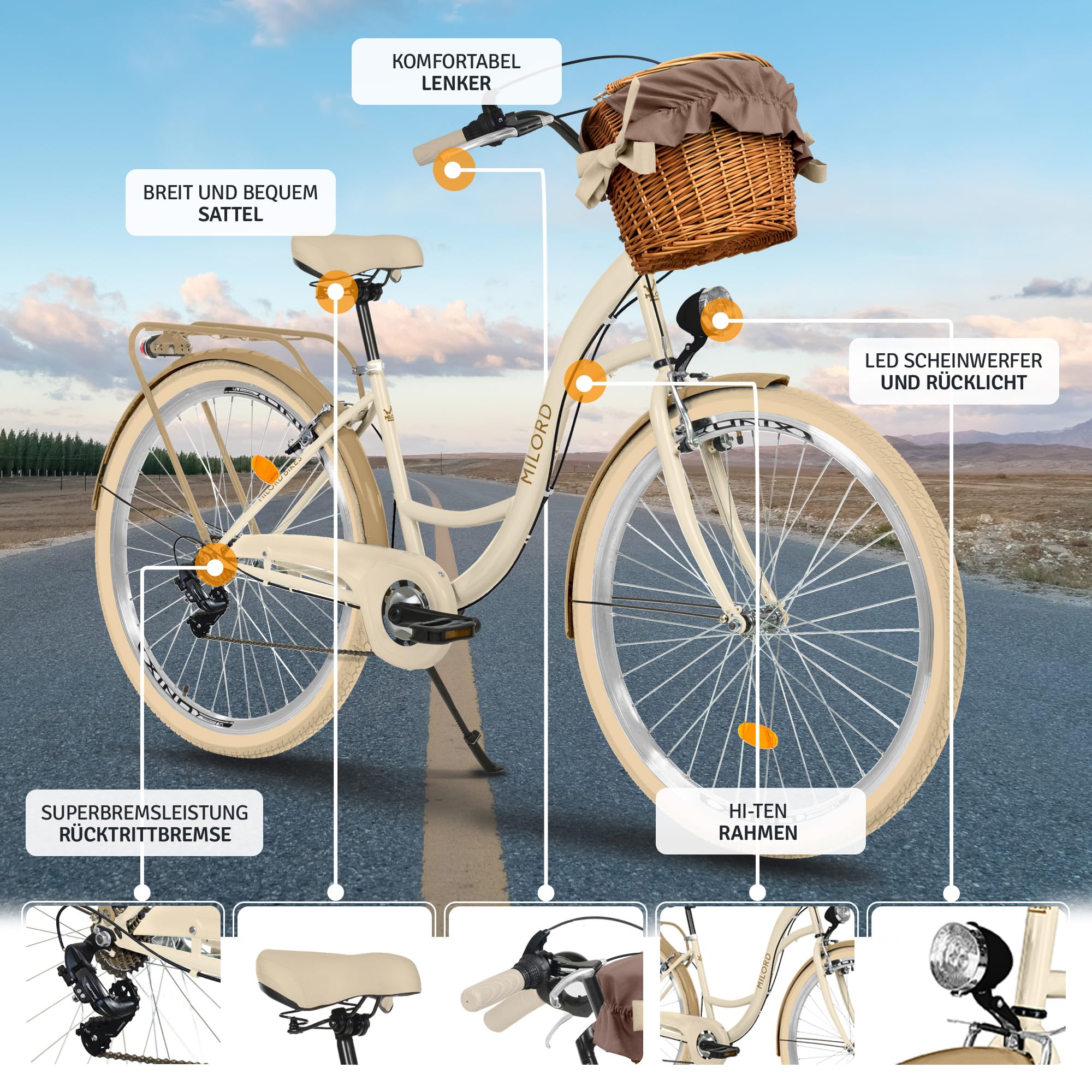 Generic Komfort Fahrrad Citybike Mit Weidenkorb Damenfahrrad Hollandrad, 28 Zoll, Creme-Braun, 7-Gang