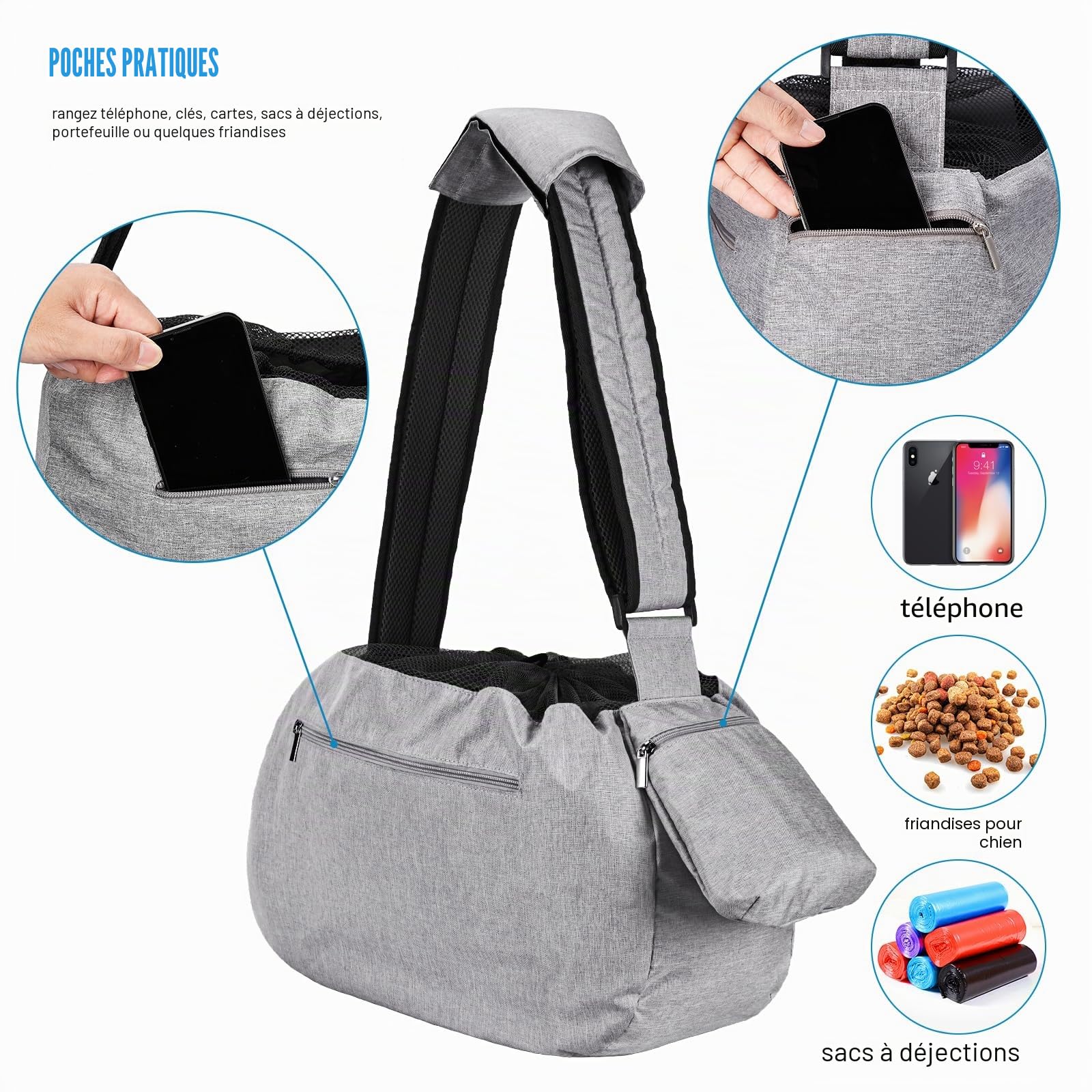 Ownpets Sac de Transport pour Chien jusqu'à 11 kg, écharpe de Transport pour Chien, Sac pour Chien avec bandoulière réglable et Poche Avant et épaulettes de Poche 30 cm Profondeur x 34,8 cm Large