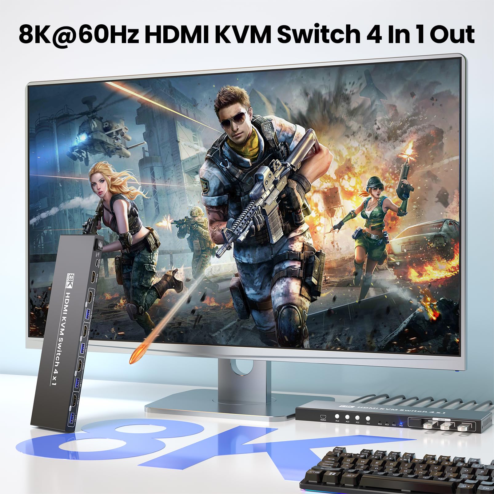 4 Port HDMI KVM Switch 4 PC 1 Monitore, 8K60Hz 4K120Hz USB 3.0 KVM Switches, Steuerung von 4 PCs mit 1 Monitor, Tastatur und Maus
