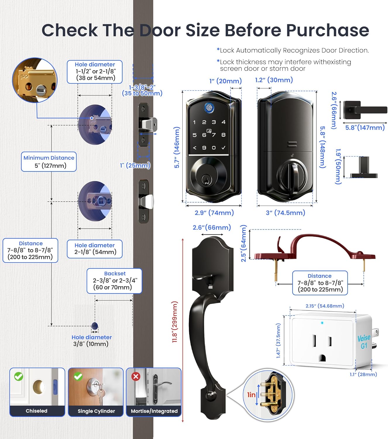 Diagram showing door dimensions and hole requirements for the Veise smart lock installation.