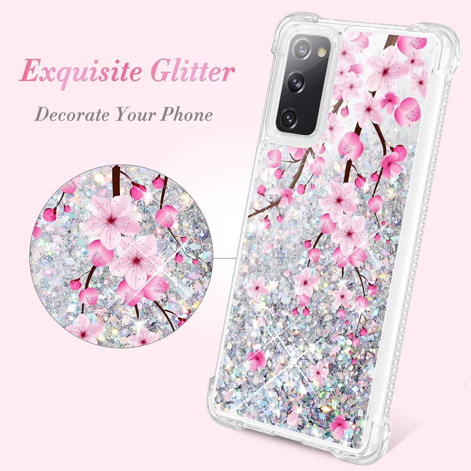 Caka Case for Galaxy S20 FE 5G Glitter Case for Women Girls Liquid Sparkle Luxury Fashion Flowing Floating Shining Glitter Quicksand Clear Phone Case for Galaxy S20 FE 5G (Cherry)