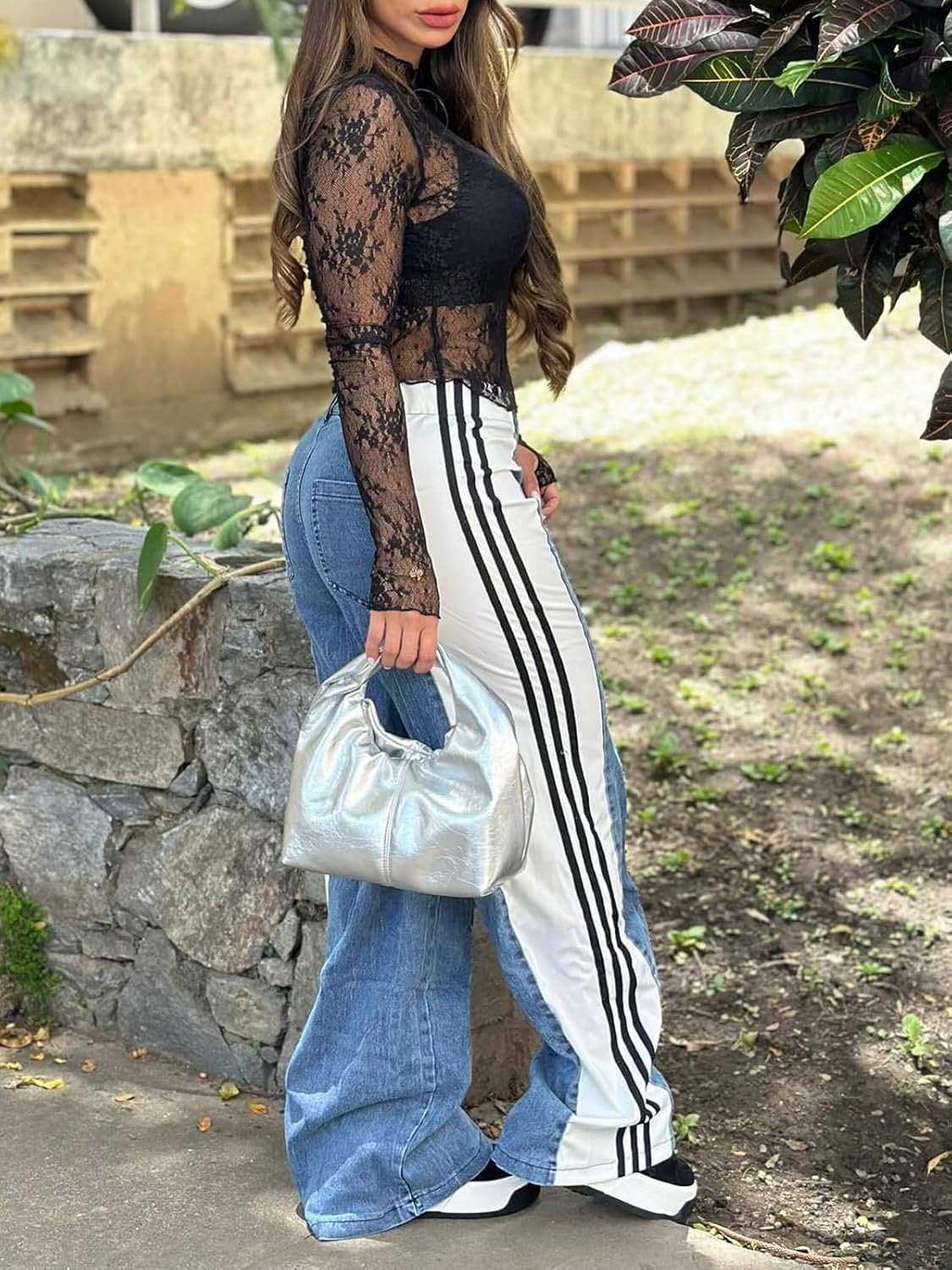 knowfashionstyle Women’s Jeans Wide Leg Patchwork Stripes High Waist Jean Color Block Baggy Straight Trendy Demin Pants - Image 5