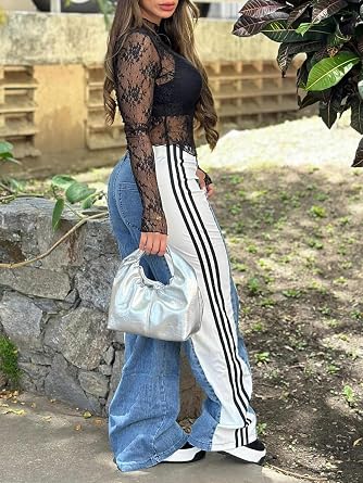 knowfashionstyle Womens Jeans Patchwork Straight Leg Jean Concert Outfit | High Waisted Fun Striped Pants Women,Color Block Denim Outfit,Loose Fun Going Out Pants,Cute Colored Jeans