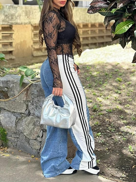 knowfashionstyle Womens Jeans Patchwork Straight Leg Jean Concert Outfit | High Waisted Fun Striped Pants Women,Color Block Denim Outfit,Loose Fun Going Out Pants,Cute Colored Jeans