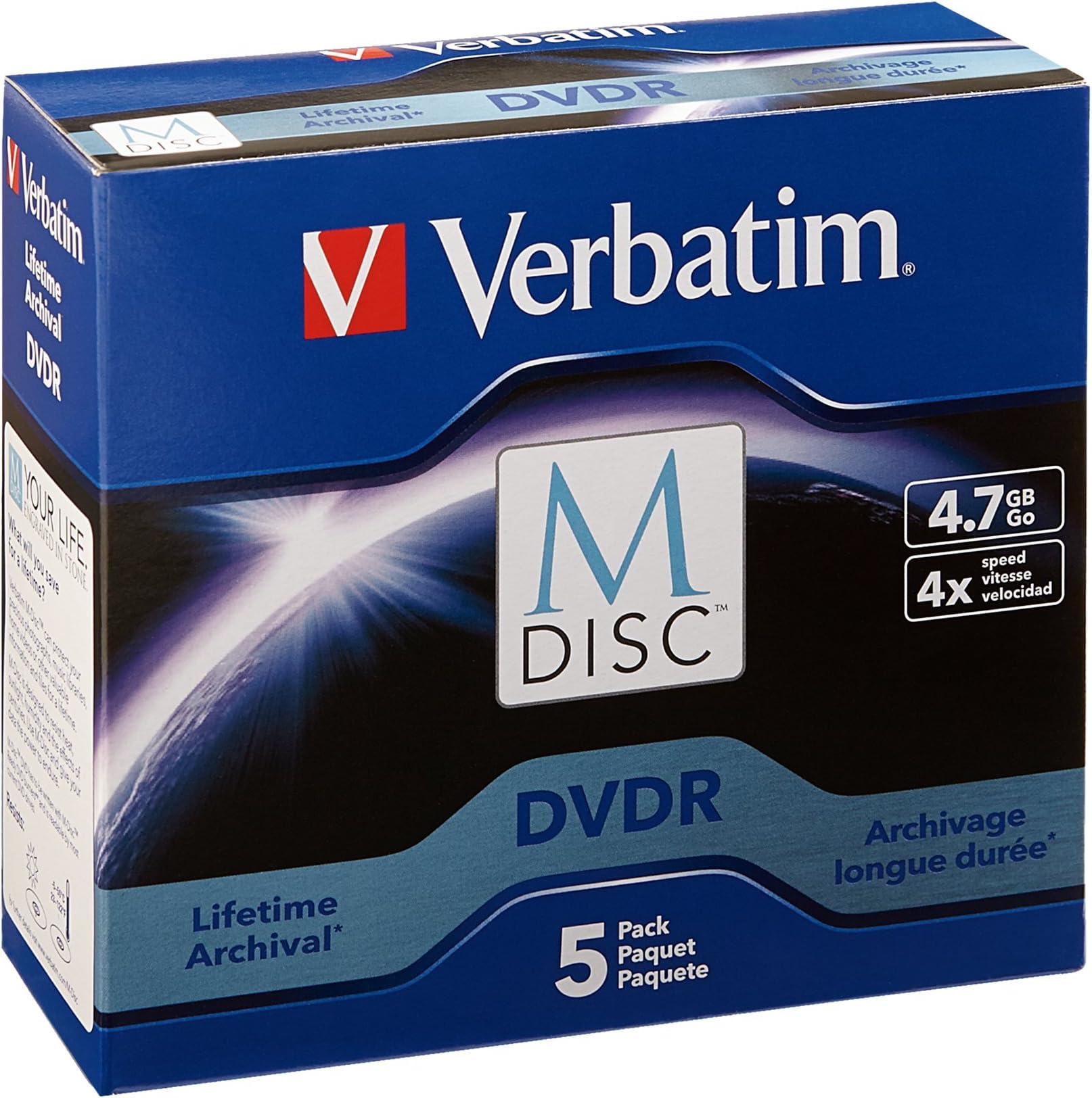 Verbatim 98899 M-Disc DVD-R 4.7GB 4X with Branded Surface - 5pk Jewel Case,Blue