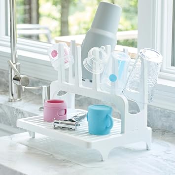 PopYum 9 oz Orange Formula Making Baby Bottle 3-Pk with White Drying Rack & Clear Drying Mat Bundle