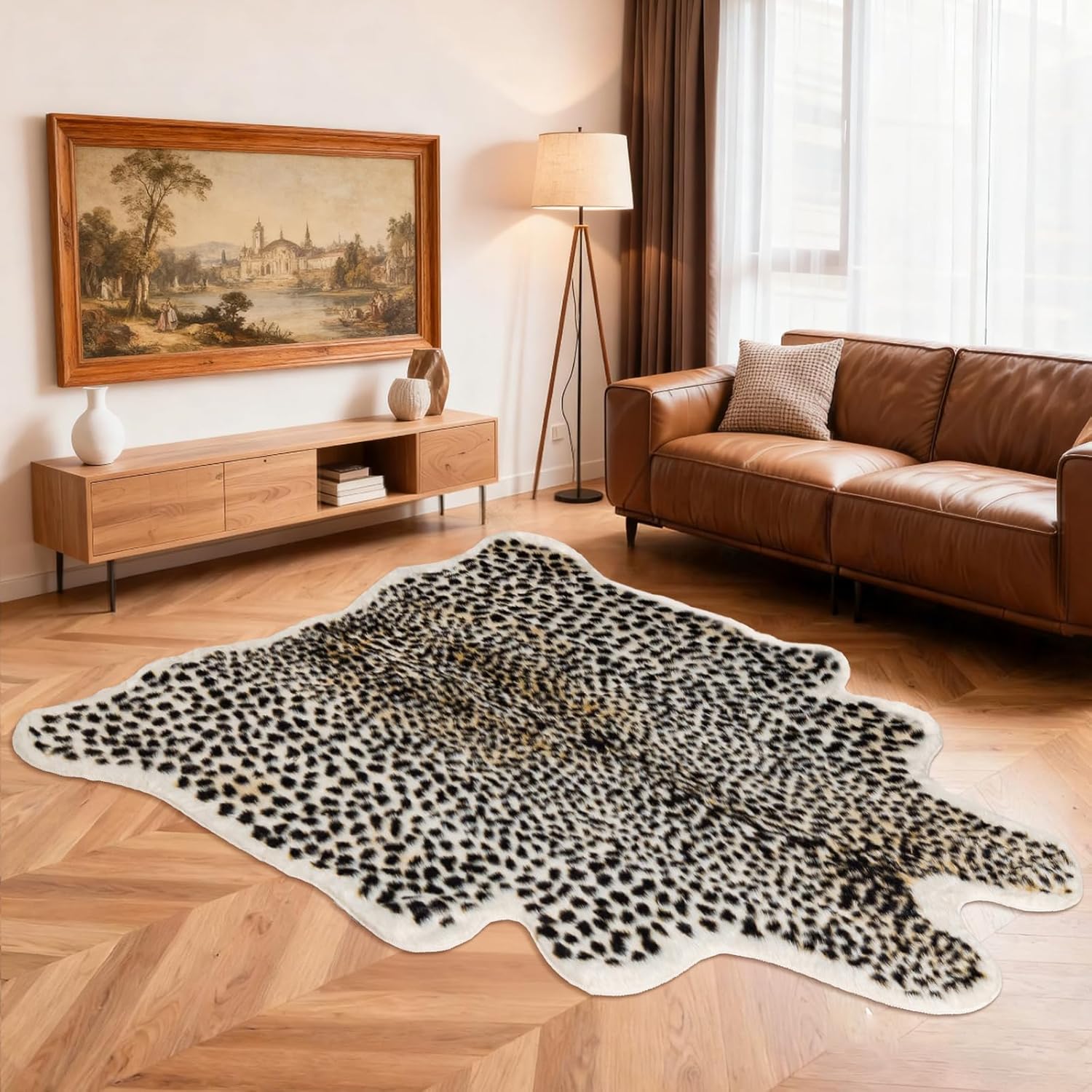 Leopard Rug Cheetah Print Area Rug 4.6'x5.2' Washable Faux Cowhide Animal Print Rug for Living Room Bedroom Home Decor