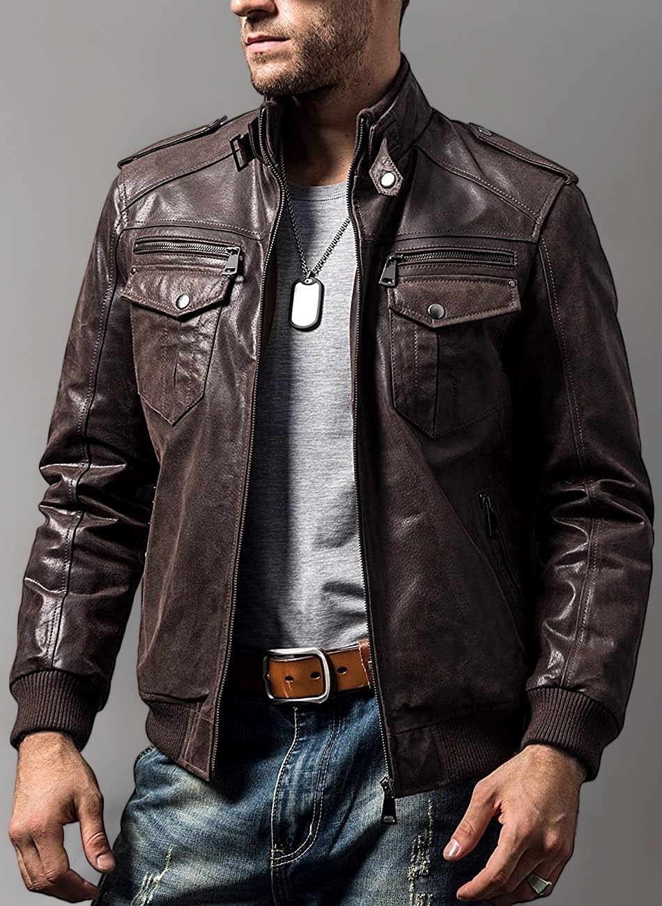 FLAVOR Men Biker retro Brown Leather Motorcycle Jacket Genuine Leather jacket