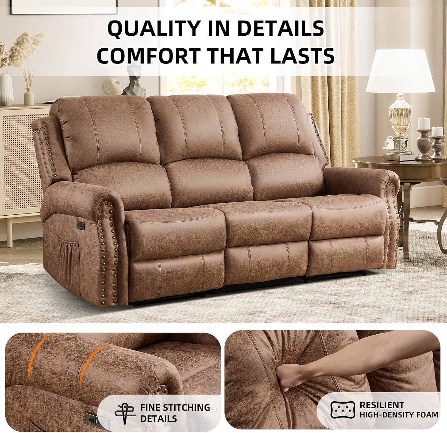 Close-up showing fine stitching details and resilient high-density foam in the EBELLO recliner