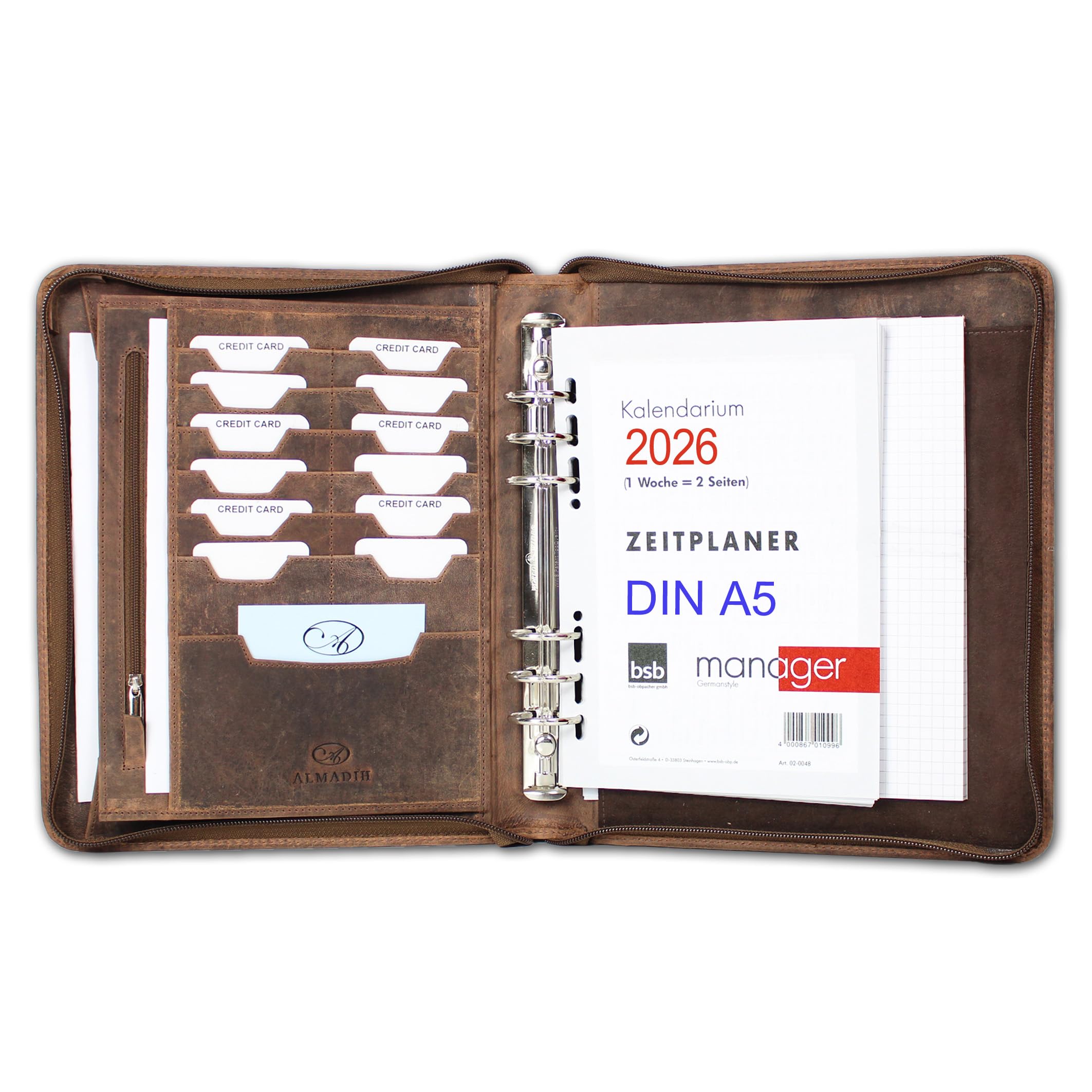 ALMADIH Ledermappe A5 Leder Organizer mit Ringmechanik Reißverschluss Kalender 2026 - Leder Mappe Premium Rindsleder braun vintage OS Ledermappe Terminplaner Terminkalender (A5 Org S bv)
