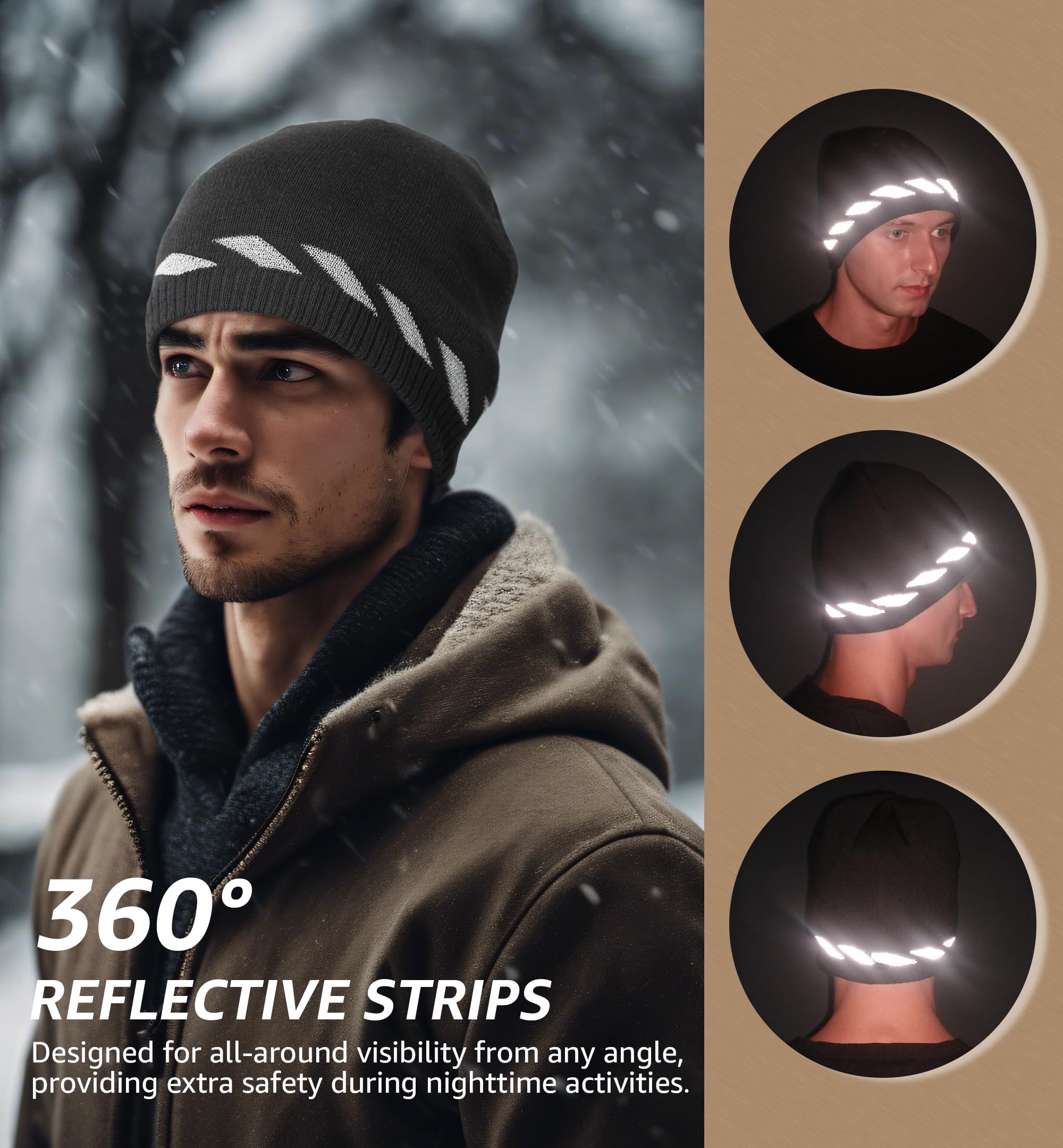 HiRui Gorros de invierno para hombres y mujeres, gorros de lana de punto con calavera, rayas reflectantes