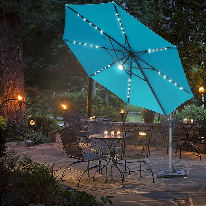 Blissun 10ft Scrolling Umbrella with 36 Solar LED Lights Patio Illuminated Hanging Sunshade with 360 Rotation Cantilever Outdoor Umbrella, Gray (Item is Same as Photo Only Gray)