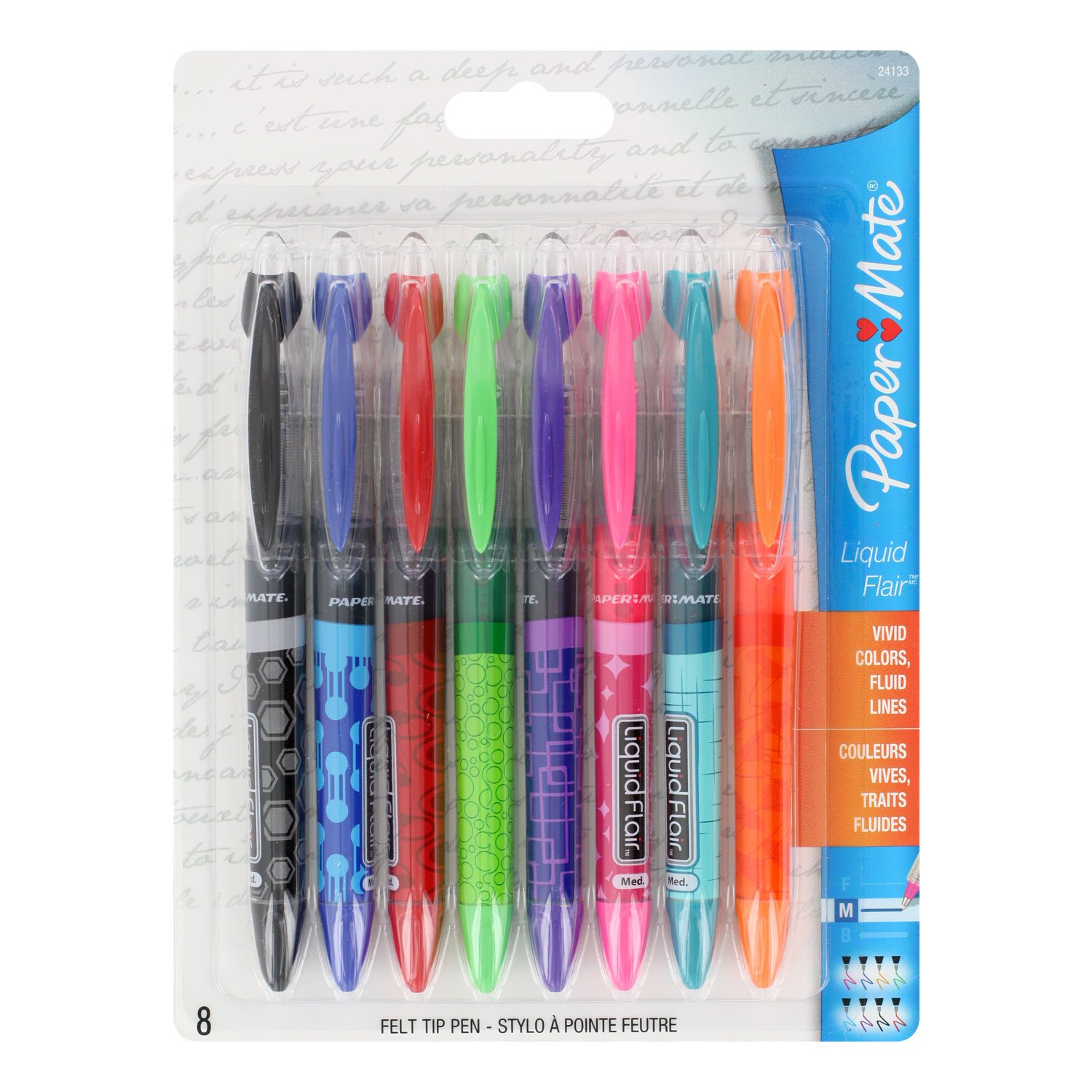 Paper Mate Liquid Flair Medium Tip Felt Porous Pens, 8 Colored Pens (24133PP)