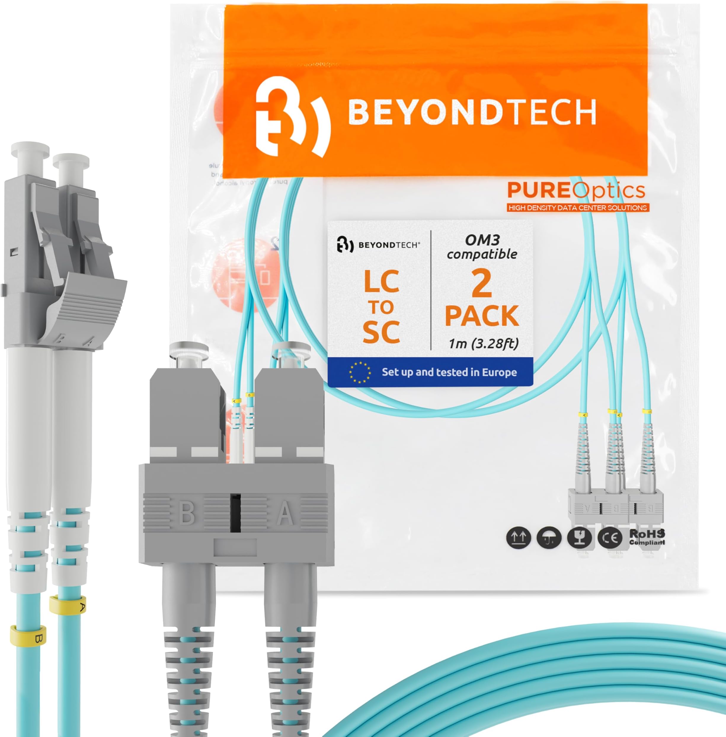 BEYONDTECH 1m (3.28ft) LC to SC Fiber Patch Cable – (2-Pack) UPC Multimode Duplex Fiber Optic Cable – 50/125µm core, Compatible with OM3 – 10G LSZH PUREOptics Series