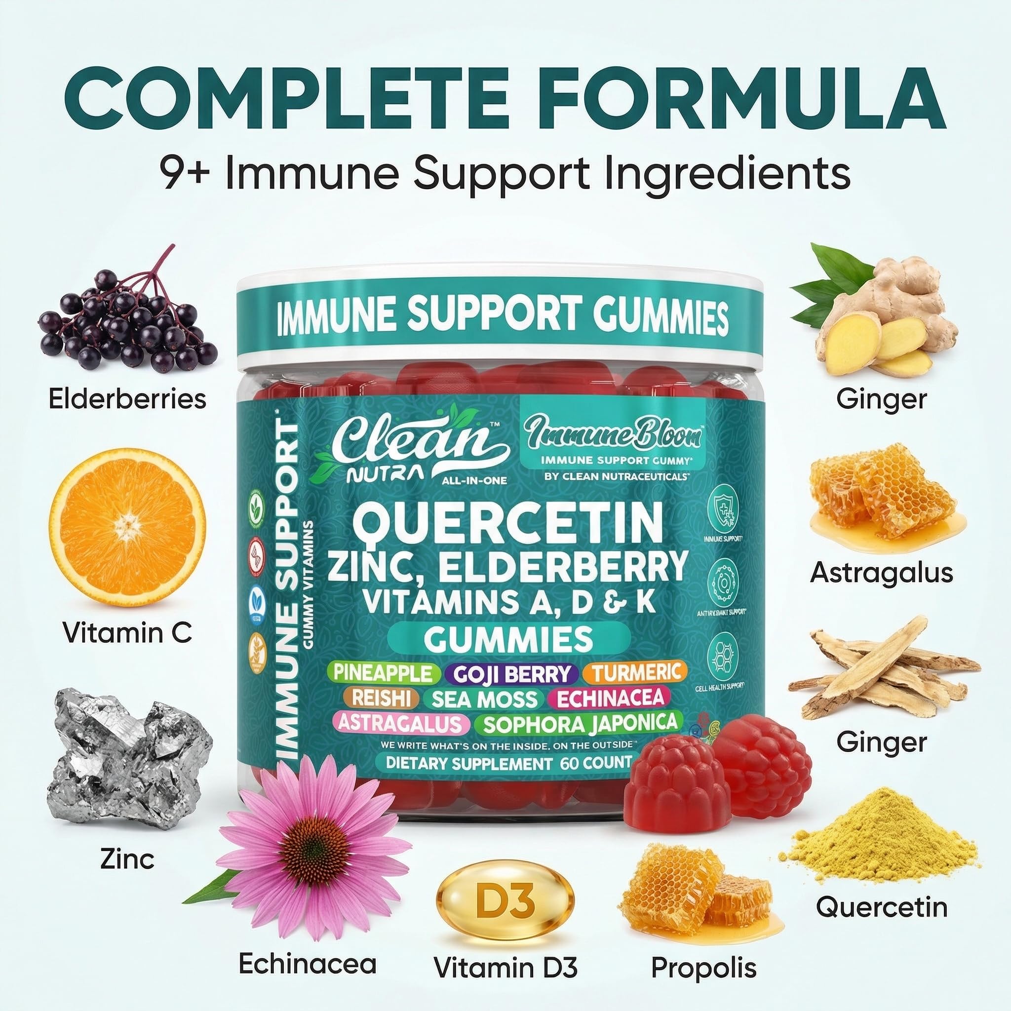 Clean Quercetin Elderberry Immune Support Gummies | Zinc Vitamin K2 D3 A Bromelain Goji Berry Turmeric Sea Moss Echinacea Astragalus Selenium Olive Leaf Immunity Supplement Gummy Vitamins — Amazon image 4