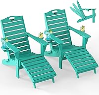 Vista 29 de Ciokea Juego de 2 sillas plegables Adirondack con otomano retráctil para hoguera, silla de patio con reposapiés extraíble, resistente a