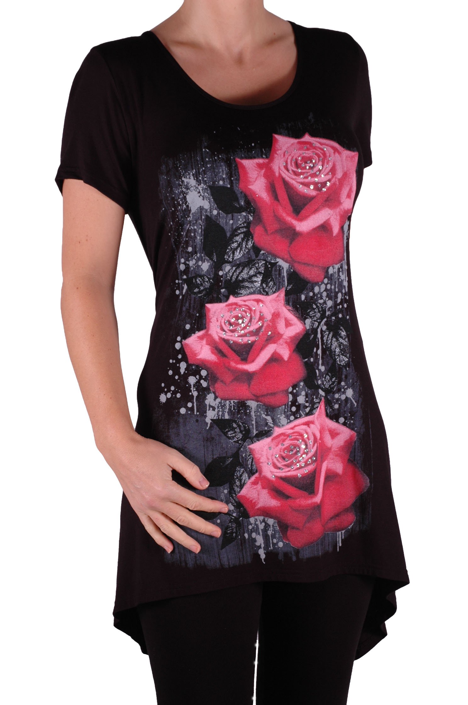 Eye Catch Plus - Tulip Long Draped Ladies Rose Motif Short Sleeve Stretch Top - Comfortable and Adjustable - Sizes 14-28