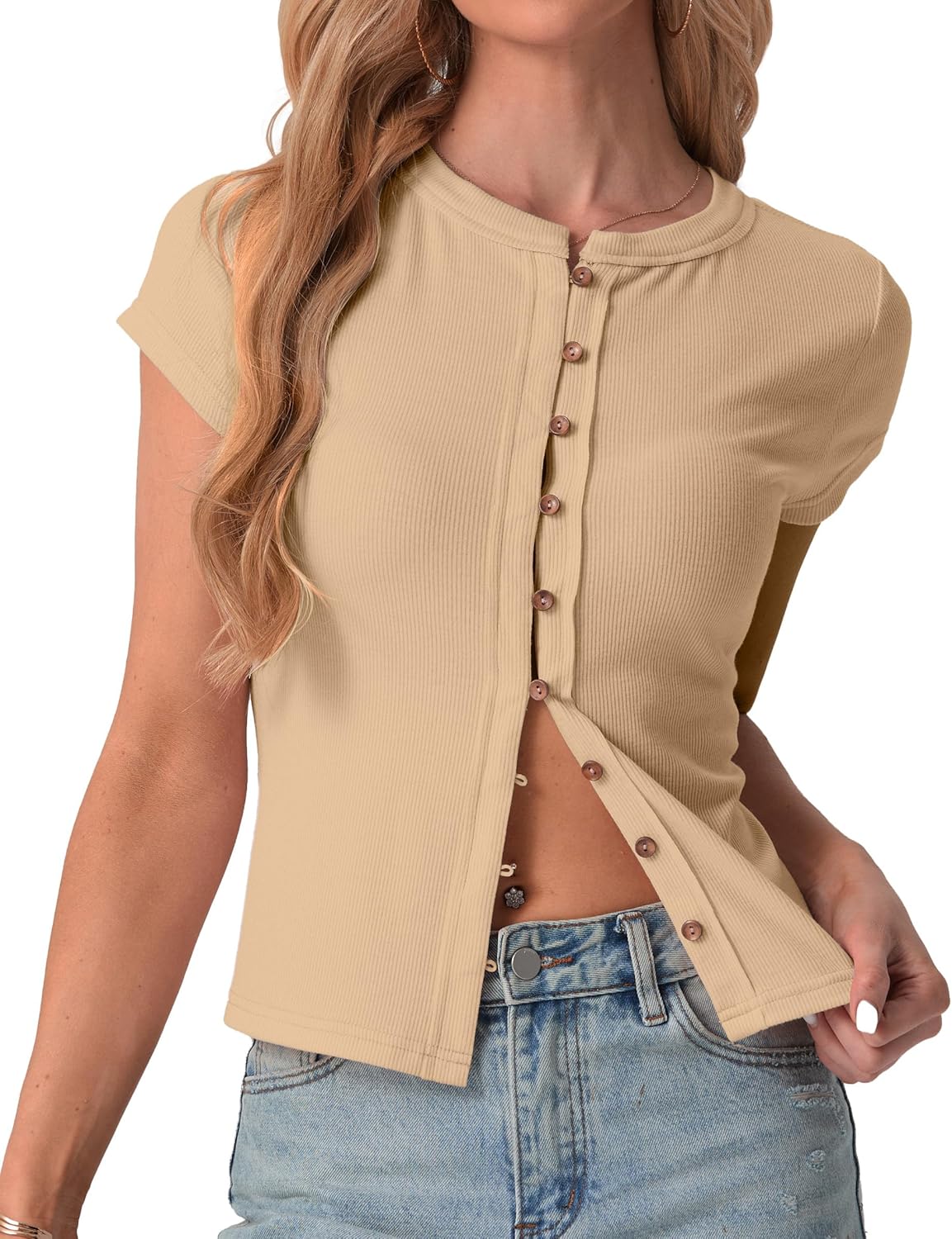 IWOLLENCE Women's Casual Ribbed Knit Short Sleeve Tops Crewneck Button Down Shirt Slim Fit Y2K People Cardigan Tops Apricot, 2XL - Image 6